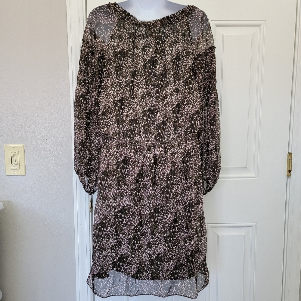 Max Studio Brown Purple Sheer Lined Chiffon Dress Balloon Sleeve Size Medium - Picture 5 of 11